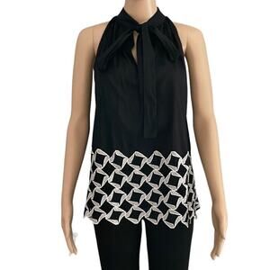 Robert Rodriguez Women 4 Embroidered Hem Key Hole Tie Front Sleeveless Top Black